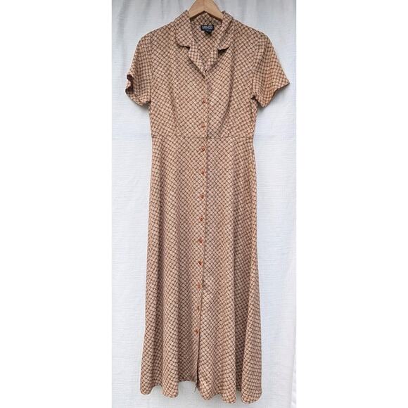 NY and Co Women's Vintage Button Front Midi Dress 6 Brown Geometric Print Y2K - Picture 1 of 5